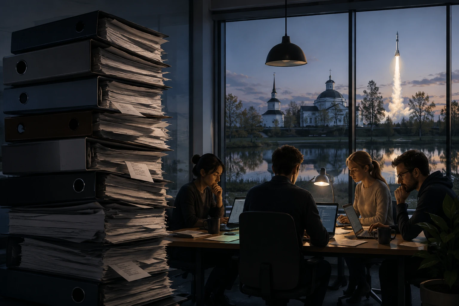 Pieni ohjelmistotiimi sääntelypapereiden painon alla — EU AI Act -uutiskuvitus