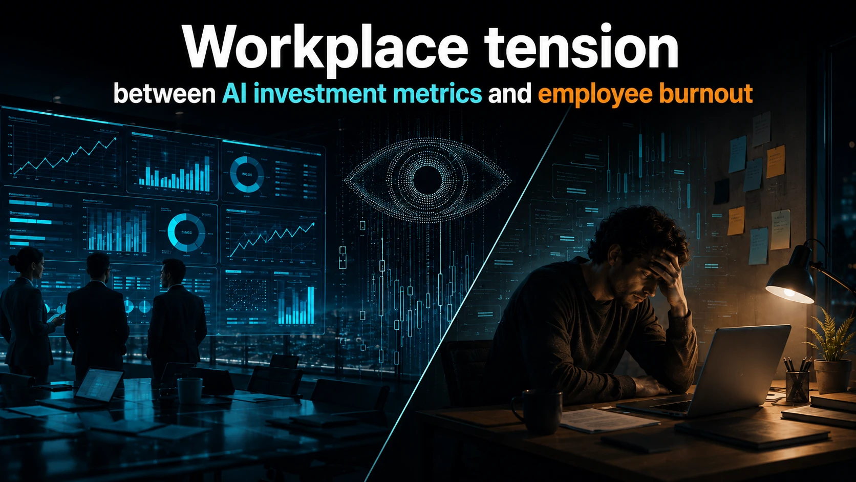 Workplace tension between AI investment metrics and employee burnout — illustration for Faktum AI analysis