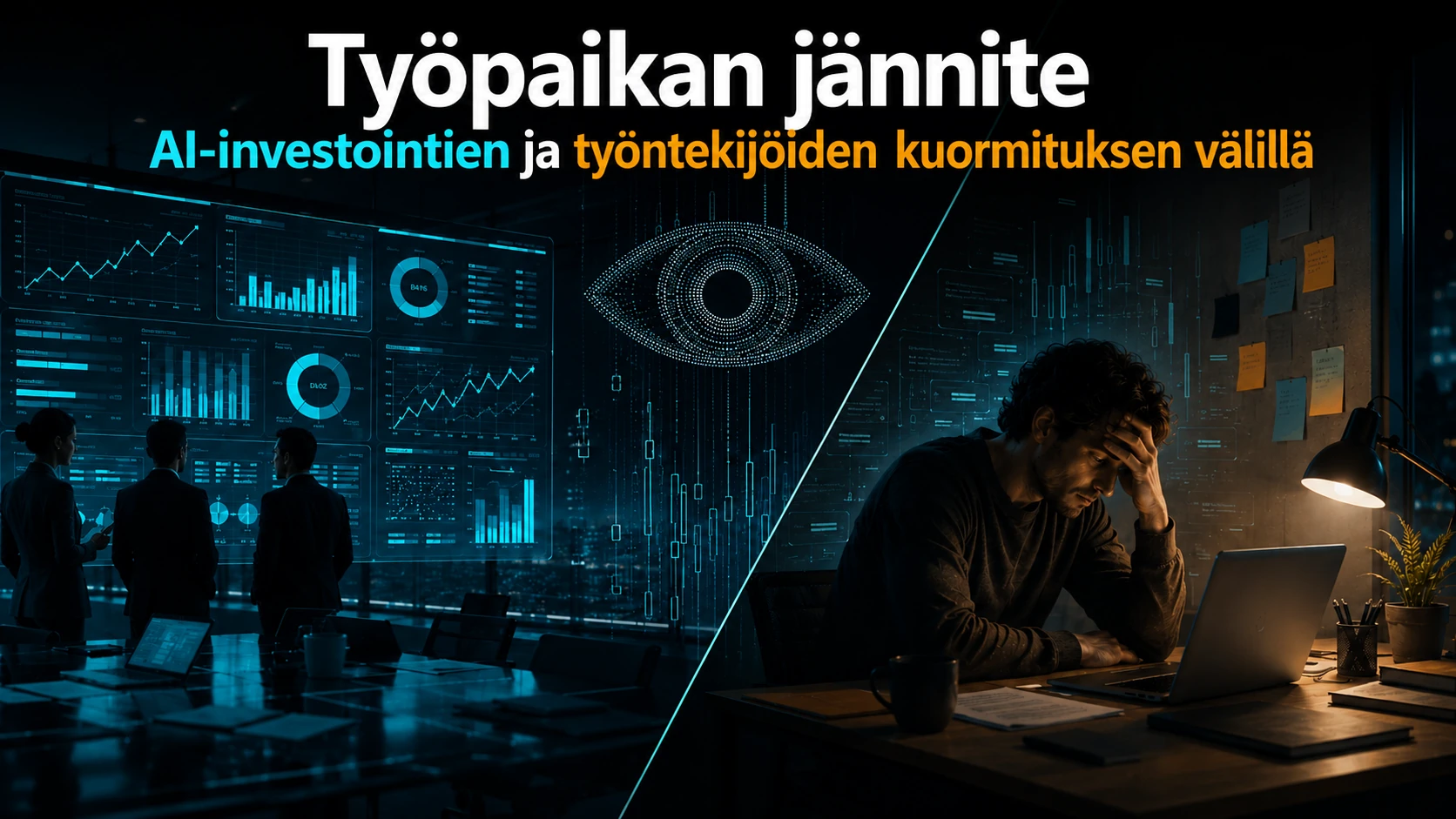 Työpaikan jännite AI-investointien ja työntekijöiden kuormituksen välillä — Faktum AI -analyysin kuvitus